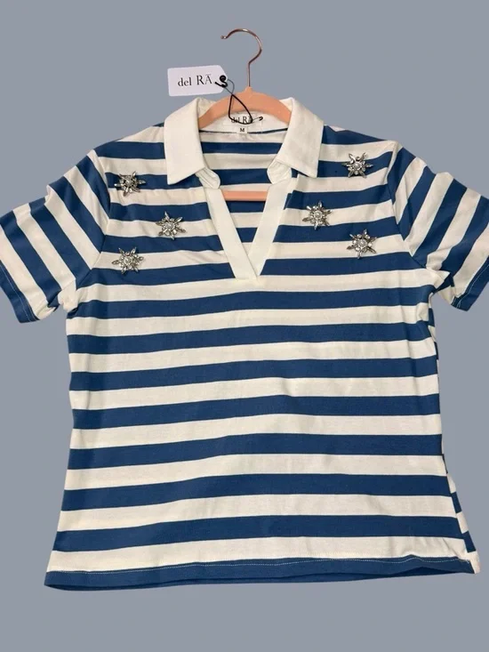 Del Rā Embellished Striped Polo Top Blue White Size M - Picture 2 of 8